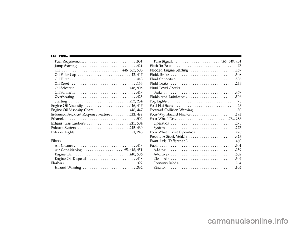 JEEP GRAND CHEROKEE LIMITED 2019  Owners Manual Fuel Requirements....................... .501
Jump Starting .......................... .421
Oil ........................... .446, 505, 506
Oil Filler Cap ....................... .442, 447
Oil Filter .