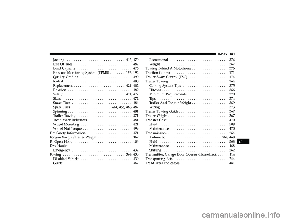 JEEP GRAND CHEROKEE LIMITED 2019 Owners Manual Jacking........................... .413, 470
Life Of Tires ........................... .482
Load Capacity .......................... .476
Pressure Monitoring System (TPMS) ........156, 192
Quality Gra JEEP GRAND CHEROKEE LIMITED 2019 Owners Manual Jacking........................... .413, 470
Life Of Tires ........................... .482
Load Capacity .......................... .476
Pressure Monitoring System (TPMS) ........156, 192
Quality Gra