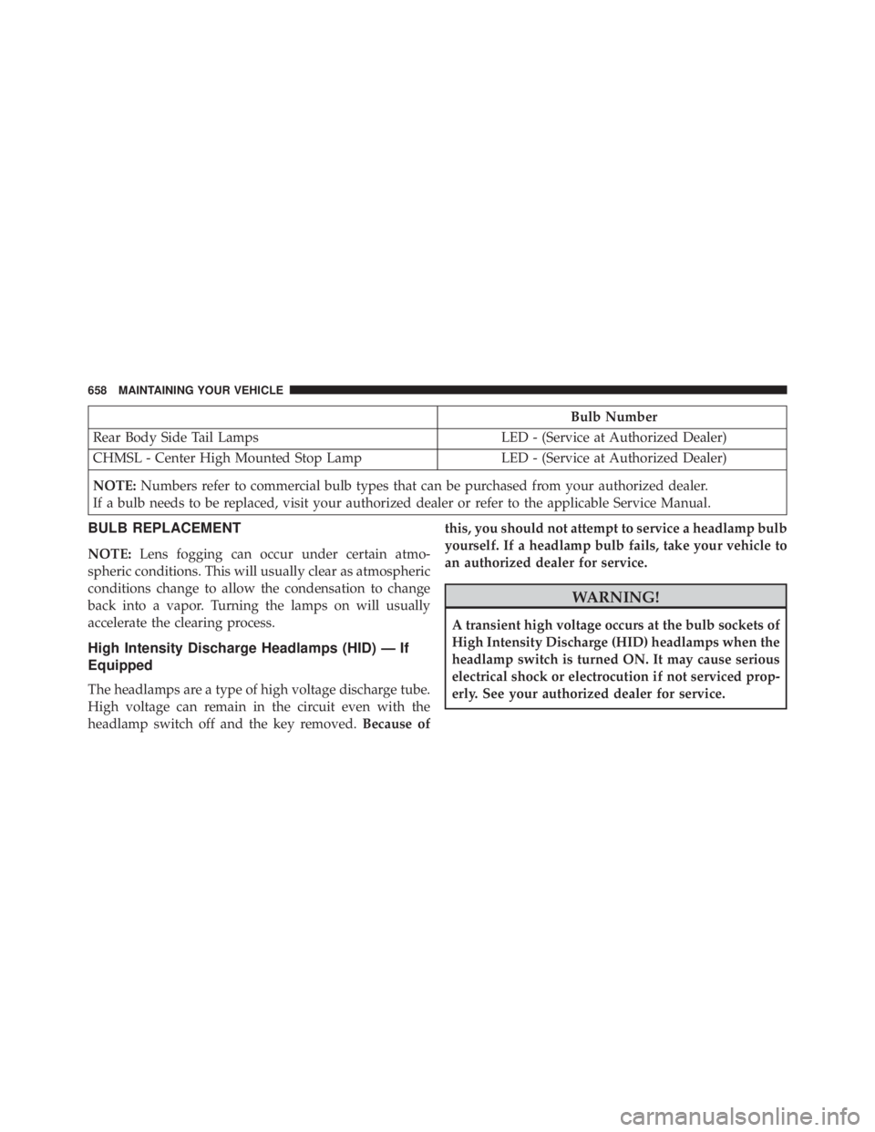 JEEP GRAND CHEROKEE LIMITED 2015  Owners Manual Bulb Number
Rear Body Side Tail Lamps LED - (Service at Authorized Dealer)
CHMSL - Center High Mounted Stop Lamp LED - (Service at Authorized Dealer)
NOTE: Numbers refer to commercial bulb types that 
