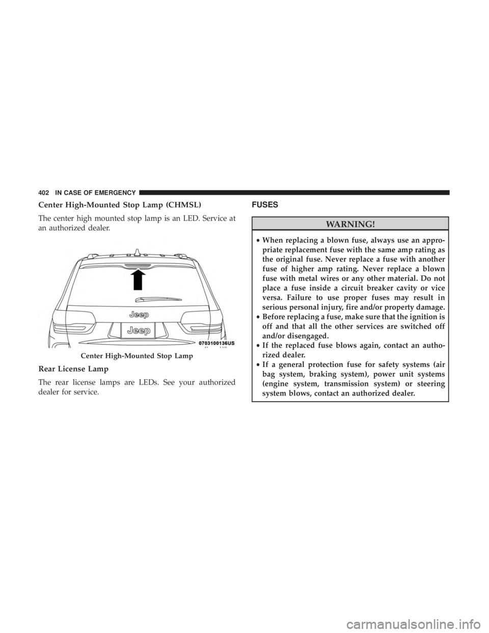 JEEP GRAND CHEROKEE LIMITED 2018 Owners Manual Center High-Mounted Stop Lamp (CHMSL)
The center high mounted stop lamp is an LED. Service at
an authorized dealer.
Rear License Lamp
The rear license lamps are LEDs. See your authorized
dealer for se JEEP GRAND CHEROKEE LIMITED 2018 Owners Manual Center High-Mounted Stop Lamp (CHMSL)
The center high mounted stop lamp is an LED. Service at
an authorized dealer.
Rear License Lamp
The rear license lamps are LEDs. See your authorized
dealer for se