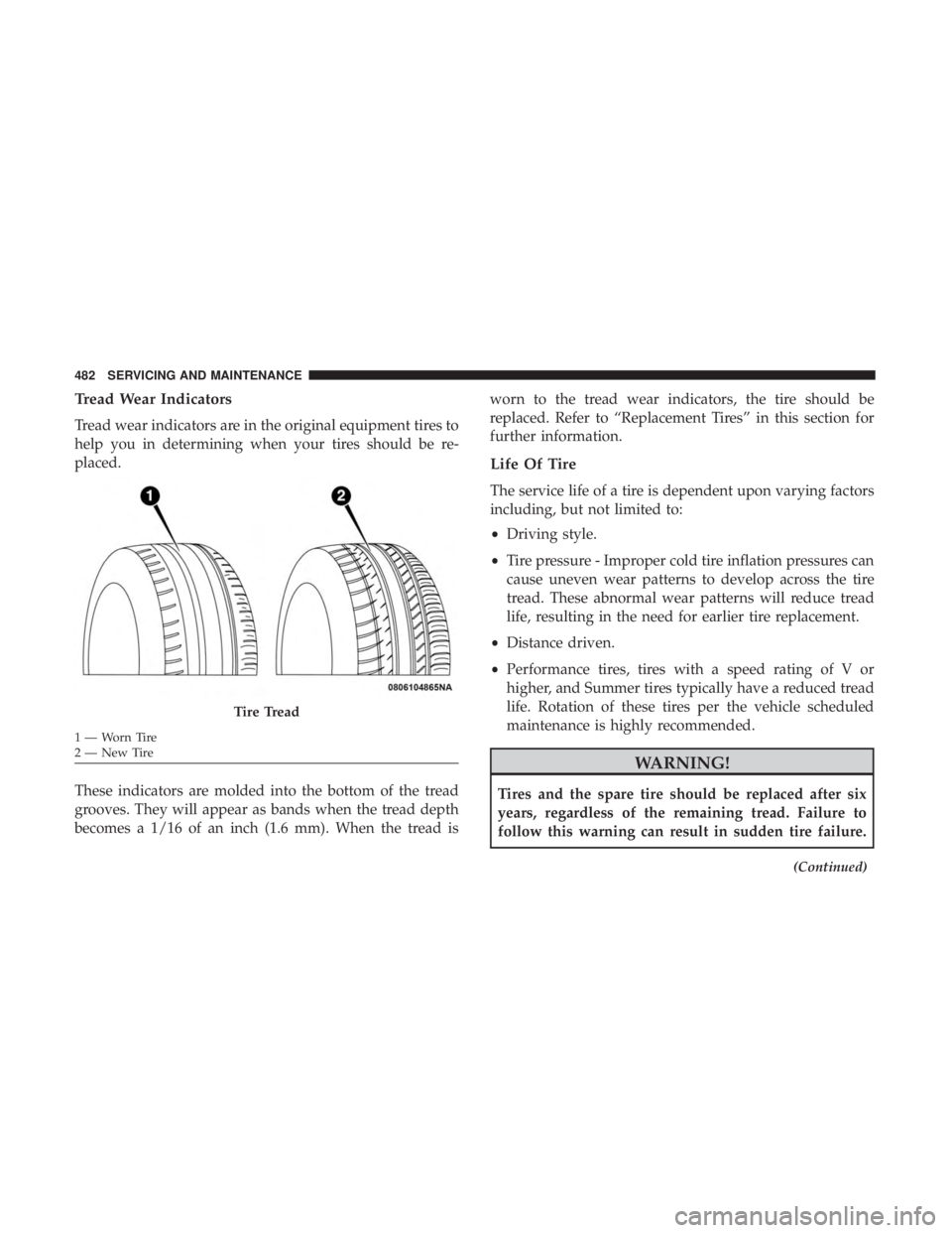 JEEP GRAND CHEROKEE LIMITED 2018 Owners Manual Tread Wear Indicators
Tread wear indicators are in the original equipment tires to
help you in determining when your tires should be re-
placed.
These indicators are molded into the bottom of the trea JEEP GRAND CHEROKEE LIMITED 2018 Owners Manual Tread Wear Indicators
Tread wear indicators are in the original equipment tires to
help you in determining when your tires should be re-
placed.
These indicators are molded into the bottom of the trea