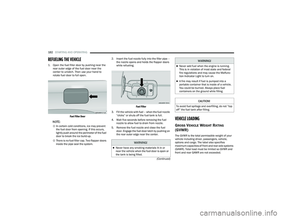 JEEP GRAND CHEROKEE 4XE 2022  Owners Manual �:�$�5�1�,�1�*�
Never have any smoking materials lit in or 
near the vehicle when the fuel door is open or 
the tank is being filled.
WARNING! 