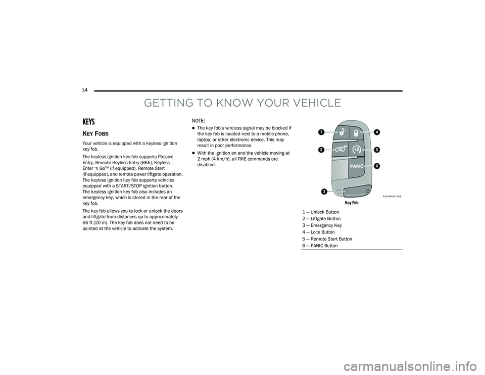 JEEP COMPASS 2023  Owners Manual 
14  
GETTING TO KNOW YOUR VEHICLE
KEYS 
KEY FOBS 
Your vehicle is equipped with a keyless ignition 
key fob.
The keyless ignition key fob supports Passive 
Entry, Remote Keyless Entry (RKE), Keyless 