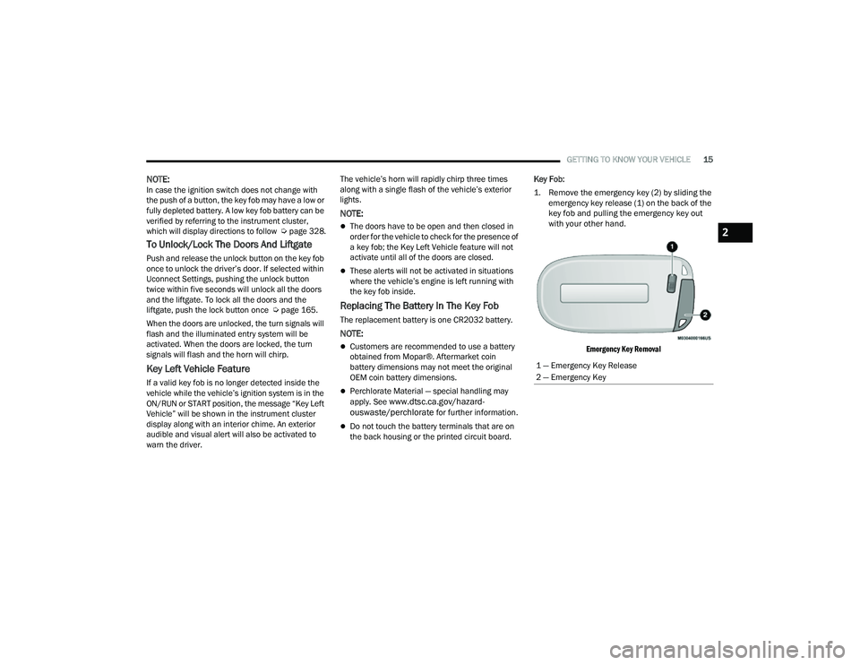 JEEP COMPASS 2023  Owners Manual 
GETTING TO KNOW YOUR VEHICLE15
NOTE:In case the ignition switch does not change with 
the push of a button, the key fob may have a low or 
fully depleted battery. A low key fob battery can be 
verifi