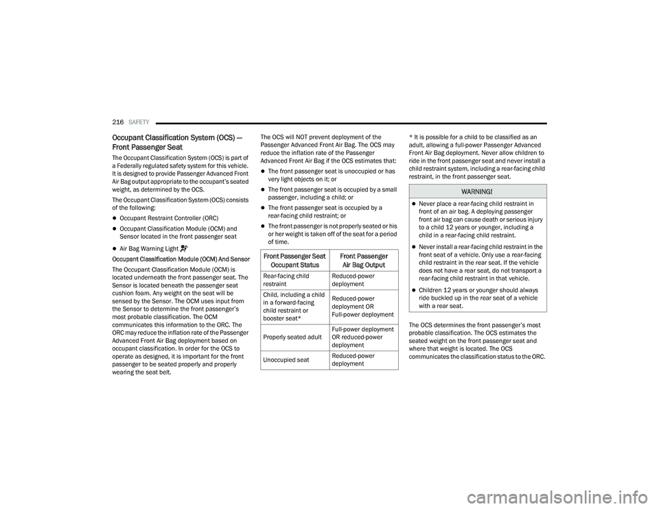 JEEP COMPASS 2023 Owners Guide
216SAFETY
Occupant Classification System (OCS) —
Front Passenger Seat
The Occupant Classification System (OCS) is part of
a Federally regulated safety system for this vehicle.
It is designed JEEP COMPASS 2023 Owners Guide
216SAFETY
Occupant Classification System (OCS) —
Front Passenger Seat
The Occupant Classification System (OCS) is part of
a Federally regulated safety system for this vehicle.
It is designed