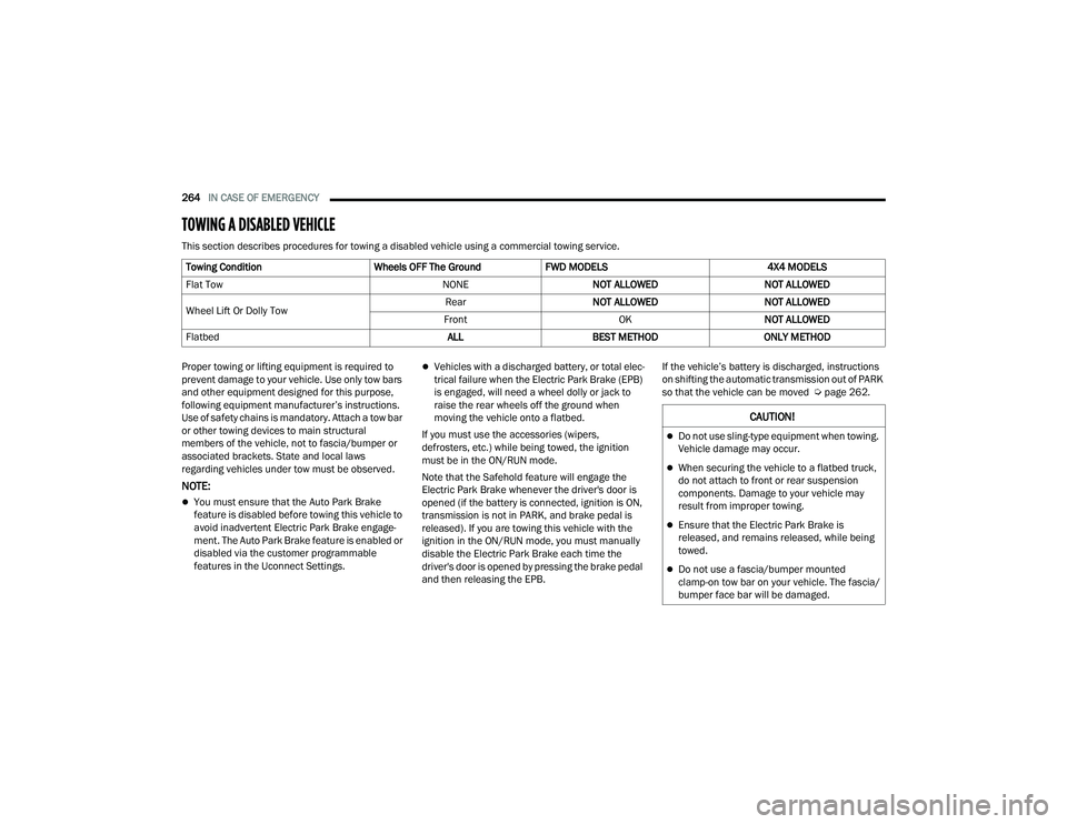 JEEP COMPASS 2023 Owners Manual
264IN CASE OF EMERGENCY
TOWING A DISABLED VEHICLE
This section describes procedures for towing a disabled vehicle using a commercial towing service.
Proper towing or lifting equipment is required t JEEP COMPASS 2023 Owners Manual
264IN CASE OF EMERGENCY
TOWING A DISABLED VEHICLE
This section describes procedures for towing a disabled vehicle using a commercial towing service.
Proper towing or lifting equipment is required t