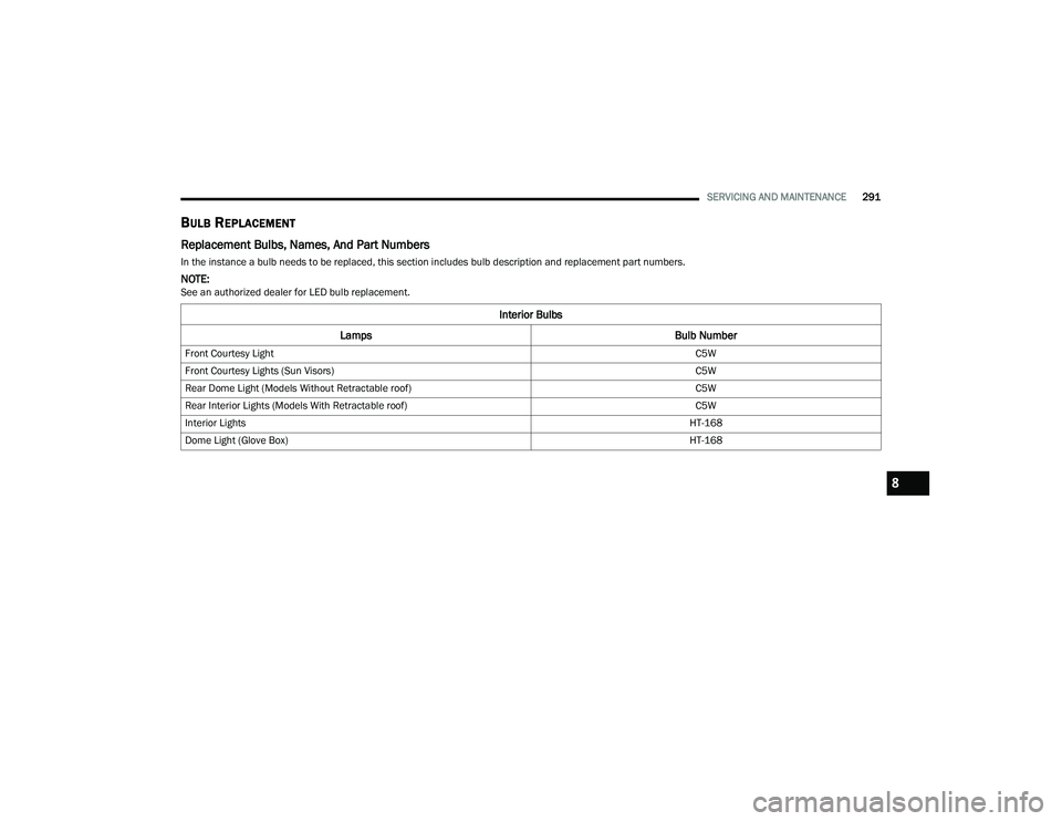 JEEP COMPASS 2023  Owners Manual 
SERVICING AND MAINTENANCE291
BULB REPLACEMENT 
Replacement Bulbs, Names, And Part Numbers
In the instance a bulb needs to be replaced, this section includes bulb description and replacement part numb
