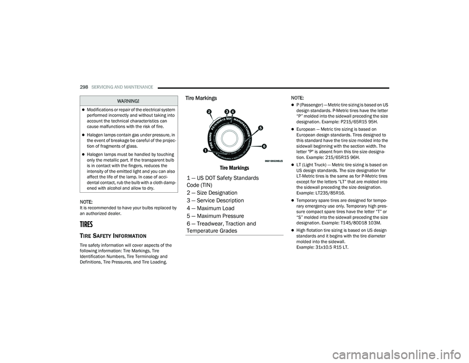 JEEP COMPASS 2023 Owners Manual
298SERVICING AND MAINTENANCE
NOTE:It is recommended to have your bulbs replaced by
an authorized dealer.
TIRES
TIRE SAFETY INFORMATION
Tire safety information will cover aspects of the
follow JEEP COMPASS 2023 Owners Manual
298SERVICING AND MAINTENANCE
NOTE:It is recommended to have your bulbs replaced by
an authorized dealer.
TIRES
TIRE SAFETY INFORMATION
Tire safety information will cover aspects of the
follow