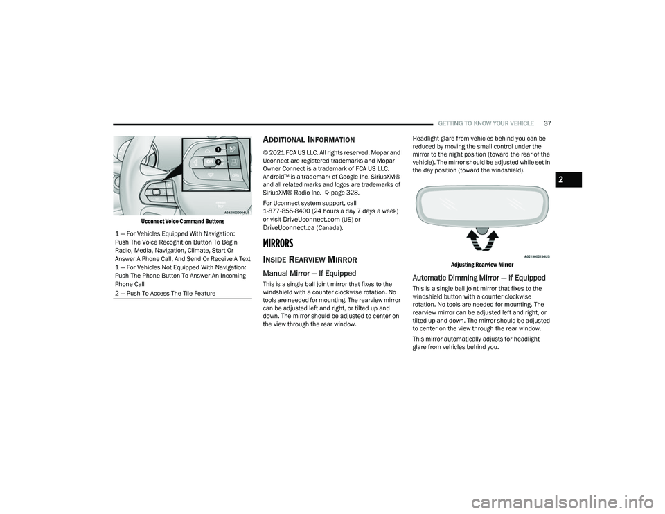 JEEP COMPASS 2023 Owners Manual 
GETTING TO KNOW YOUR VEHICLE37

Uconnect Voice Command Buttons

ADDITIONAL INFORMATION
© 2021 FCA US LLC. All rights reserved. Mopar and 
Uconnect are registered trademarks and Mopar 
Owner Connect 