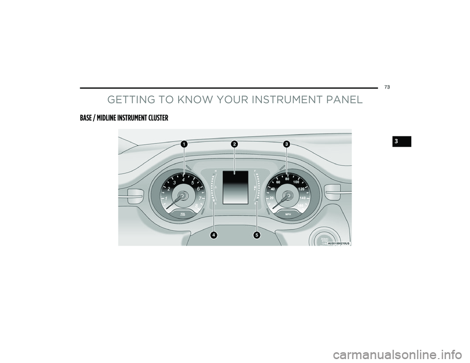 JEEP COMPASS 2023 Manual PDF 
73
GETTING TO KNOW YOUR INSTRUMENT PANEL
BASE / MIDLINE INSTRUMENT CLUSTER
3

22_MP_OM_EN_USC_t.book  Page 73   