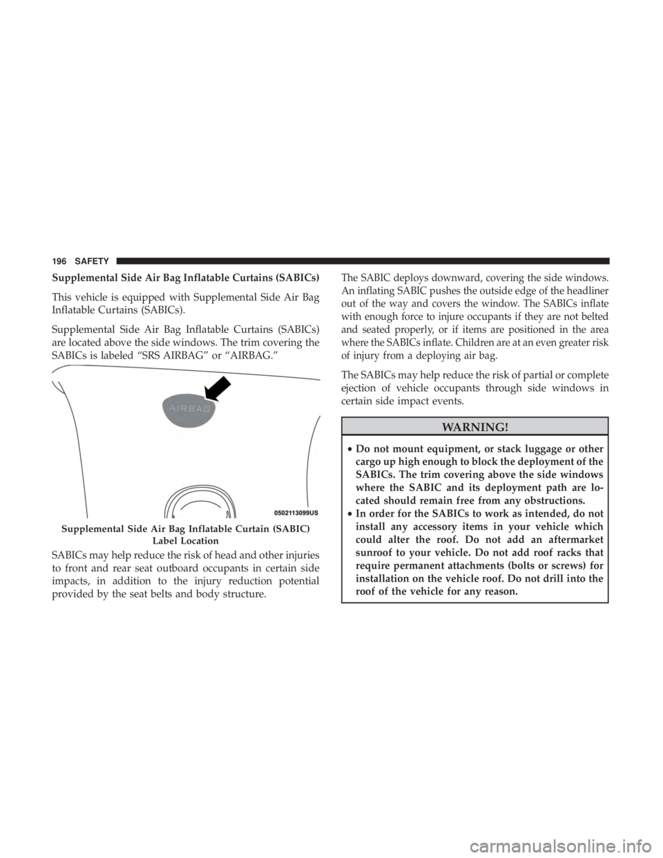 JEEP COMPASS TRAILHAWK 2018  Owners Manual Supplemental Side Air Bag Inflatable Curtains (SABICs)
This vehicle is equipped with Supplemental Side Air Bag
Inflatable Curtains (SABICs).
Supplemental Side Air Bag Inflatable Curtains (SABICs)
are 