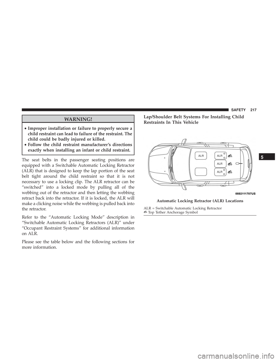 JEEP COMPASS TRAILHAWK 2018  Owners Manual WARNING!
•Improper installation or failure to properly secure a
child restraint can lead to failure of the restraint. The
child could be badly injured or killed.
• Follow the child restraint manuf