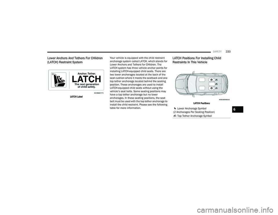 JEEP COMPASS 2022  Owners Manual 6

22_MP_OM_EN_USC_t.book  Page 233   