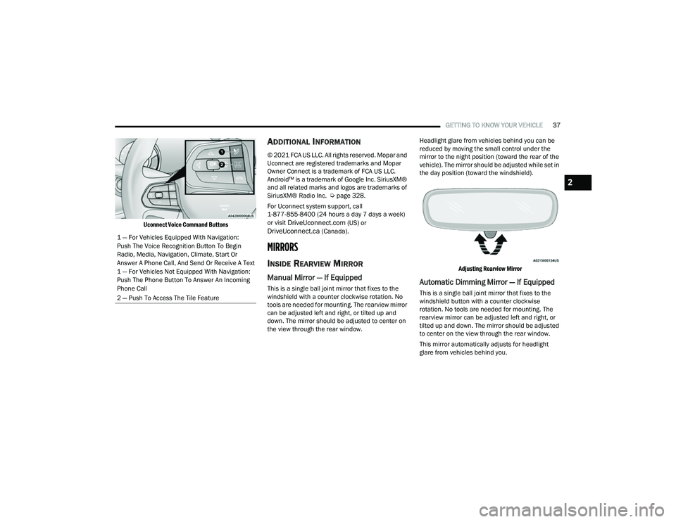 JEEP COMPASS 2022 Owners Guide 2

22_MP_OM_EN_USC_t.book  Page 37   