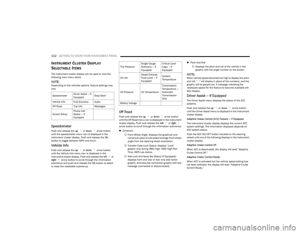 JEEP WRANGLER 2023  Owners Manual 
112GETTING TO KNOW YOUR INSTRUMENT PANEL  
INSTRUMENT CLUSTER DISPLAY 
S
ELECTABLE ITEMS
The instrument cluster display can be used to view the 
following main menu items:
NOTE:Depending on the vehic