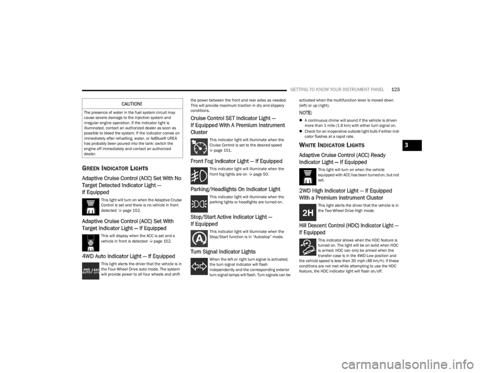 JEEP WRANGLER 2023  Owners Manual 
GETTING TO KNOW YOUR INSTRUMENT PANEL123
GREEN INDICATOR LIGHTS
Adaptive Cruise Control (ACC) Set With No 
Target Detected Indicator Light —
If Equipped
This light will turn on when the Adaptive Cr