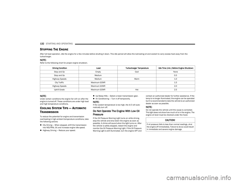 JEEP WRANGLER 2023  Owners Manual 
132STARTING AND OPERATING  
STOPPING THE ENGINE
After full load operation, idle the engine for a few minutes before shutting it down. This idle period will allow the lubricating oil and coolant to ca