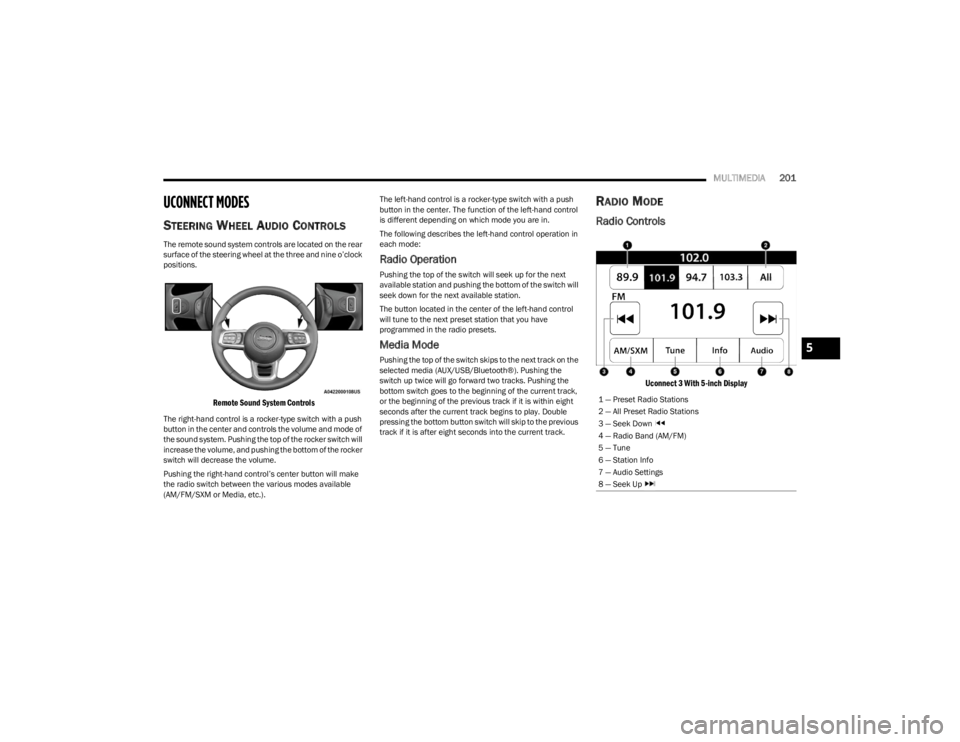 JEEP WRANGLER 2023 Owners Manual
MULTIMEDIA201
UCONNECT MODES
STEERING WHEEL AUDIO CONTROLS
The remote sound system controls are located on the rear
surface of the steering wheel at the three and nine o’clock
positions.
Rem JEEP WRANGLER 2023 Owners Manual
MULTIMEDIA201
UCONNECT MODES
STEERING WHEEL AUDIO CONTROLS
The remote sound system controls are located on the rear
surface of the steering wheel at the three and nine o’clock
positions.
Rem