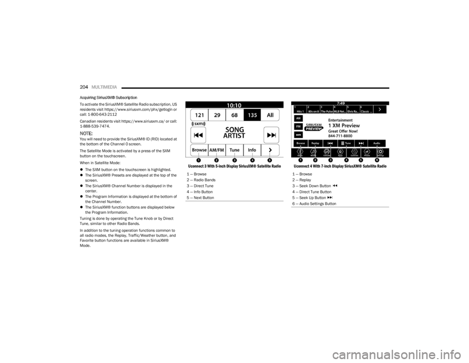 JEEP WRANGLER 2023 Owners Manual
204MULTIMEDIA
Acquiring SiriusXM® Subscription
To activate the SiriusXM® Satellite Radio subscription, US
residents visit https://www.siriusxm.com/phx/getlogin or
call: 1-800-643-2112
Canadian JEEP WRANGLER 2023 Owners Manual
204MULTIMEDIA
Acquiring SiriusXM® Subscription
To activate the SiriusXM® Satellite Radio subscription, US
residents visit https://www.siriusxm.com/phx/getlogin or
call: 1-800-643-2112
Canadian