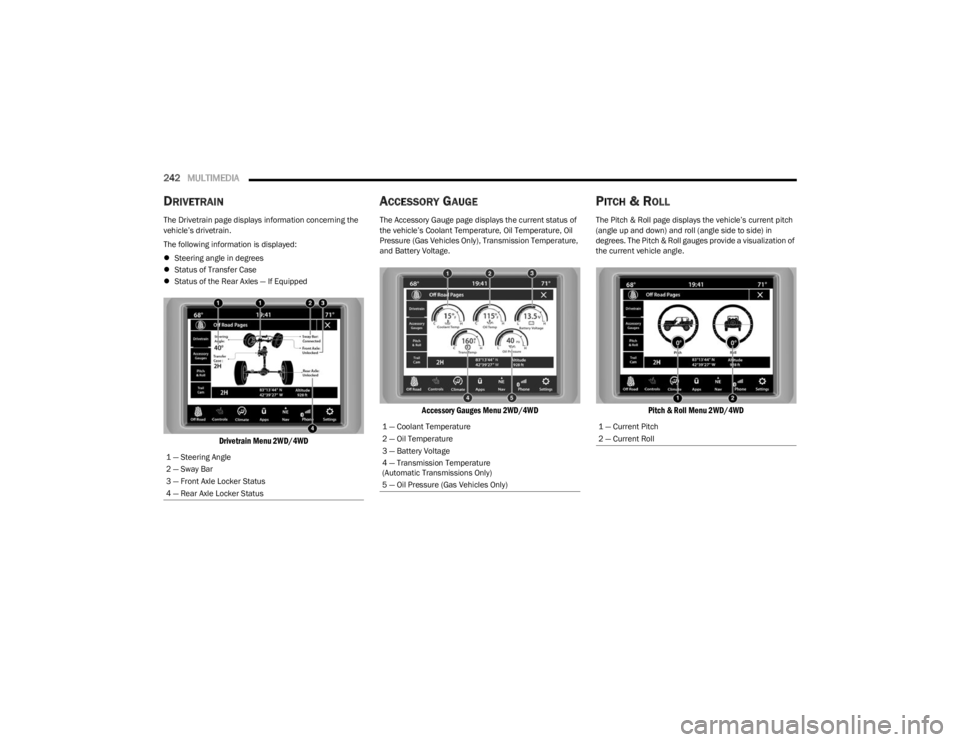 JEEP WRANGLER 2023 Owners Manual
242MULTIMEDIA
DRIVETRAIN
The Drivetrain page displays information concerning the
vehicle’s drivetrain.
The following information is displayed:
Steering angle in degrees
Status of Transfe JEEP WRANGLER 2023 Owners Manual
242MULTIMEDIA
DRIVETRAIN
The Drivetrain page displays information concerning the
vehicle’s drivetrain.
The following information is displayed:
Steering angle in degrees
Status of Transfe