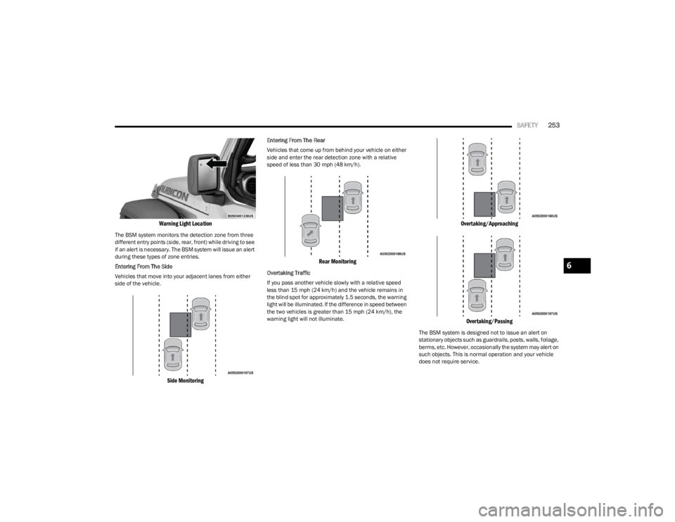 JEEP WRANGLER 2023 Owners Manual
SAFETY253
Warning Light Location
The BSM system monitors the detection zone from three
different entry points (side, rear, front) while driving to see
if an alert is necessary. The BSM system wil JEEP WRANGLER 2023 Owners Manual
SAFETY253
Warning Light Location
The BSM system monitors the detection zone from three
different entry points (side, rear, front) while driving to see
if an alert is necessary. The BSM system wil