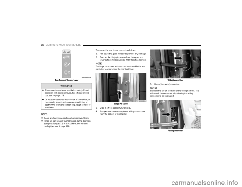 JEEP WRANGLER 2023 Owners Manual 
28GETTING TO KNOW YOUR VEHICLE  

Door Removal Warning Label

NOTE:
Doors are heavy; use caution when removing them.
 Hinge pin can break if overtightened during door rein -
stall (Max Torque: 