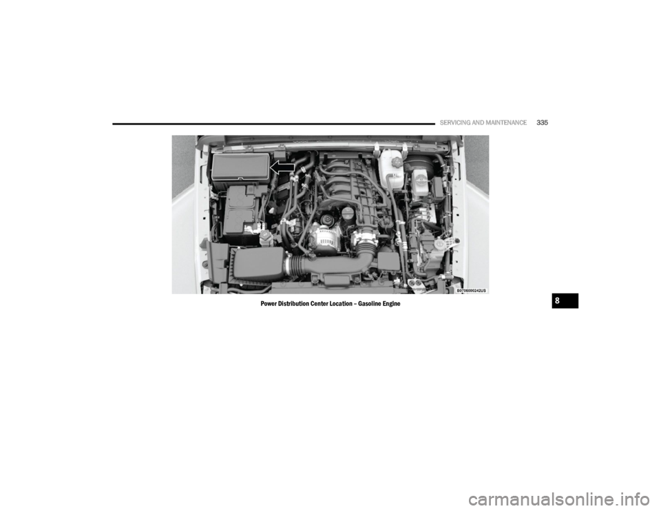JEEP WRANGLER 2023 Owners Manual
SERVICING AND MAINTENANCE335
Power Distribution Center Location – Gasoline Engine8
23_JL_OM_EN_USC_t.book Page 335 JEEP WRANGLER 2023 Owners Manual
SERVICING AND MAINTENANCE335
Power Distribution Center Location – Gasoline Engine8
23_JL_OM_EN_USC_t.book Page 335
