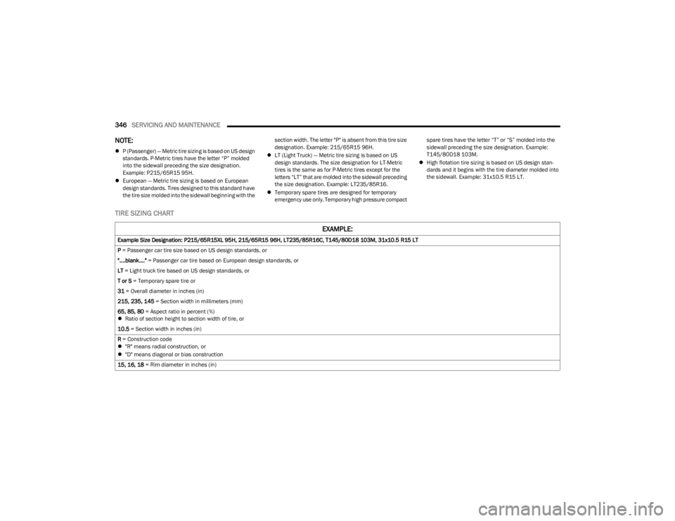 JEEP WRANGLER 2023  Owners Manual 
346SERVICING AND MAINTENANCE  
NOTE:
P (Passenger) — Metric tire sizing is based on US design 
standards. P-Metric tires have the letter “P” molded 
into the sidewall preceding the size desi