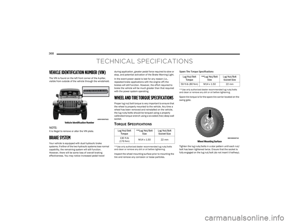 JEEP WRANGLER 2023 Owners Manual
368
TECHNICAL SPECIFICATIONS
VEHICLE IDENTIFICATION NUMBER (VIN)
The VIN is found on the left front corner of the A-pillar,
visible from outside of the vehicle through the windshield.
Vehicle Ide JEEP WRANGLER 2023 Owners Manual
368
TECHNICAL SPECIFICATIONS
VEHICLE IDENTIFICATION NUMBER (VIN)
The VIN is found on the left front corner of the A-pillar,
visible from outside of the vehicle through the windshield.
Vehicle Ide