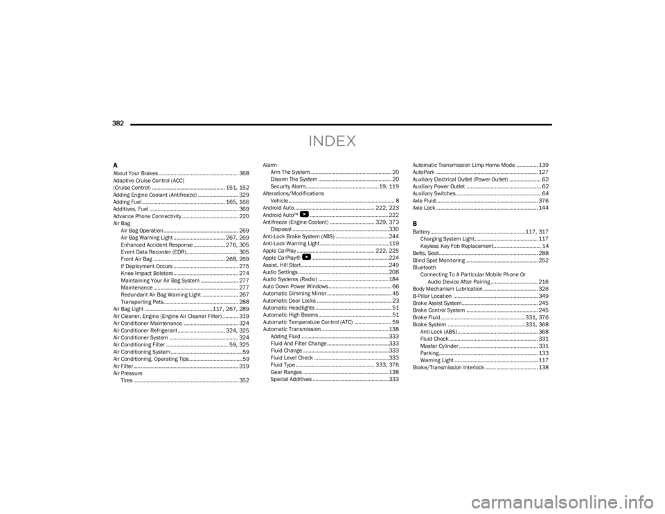 JEEP WRANGLER 2023  Owners Manual 
382  
INDEX
AAbout Your Brakes ....................................................... 368
Adaptive Cruise Control (ACC) 
(Cruise Control) ................................................... 151
, 15