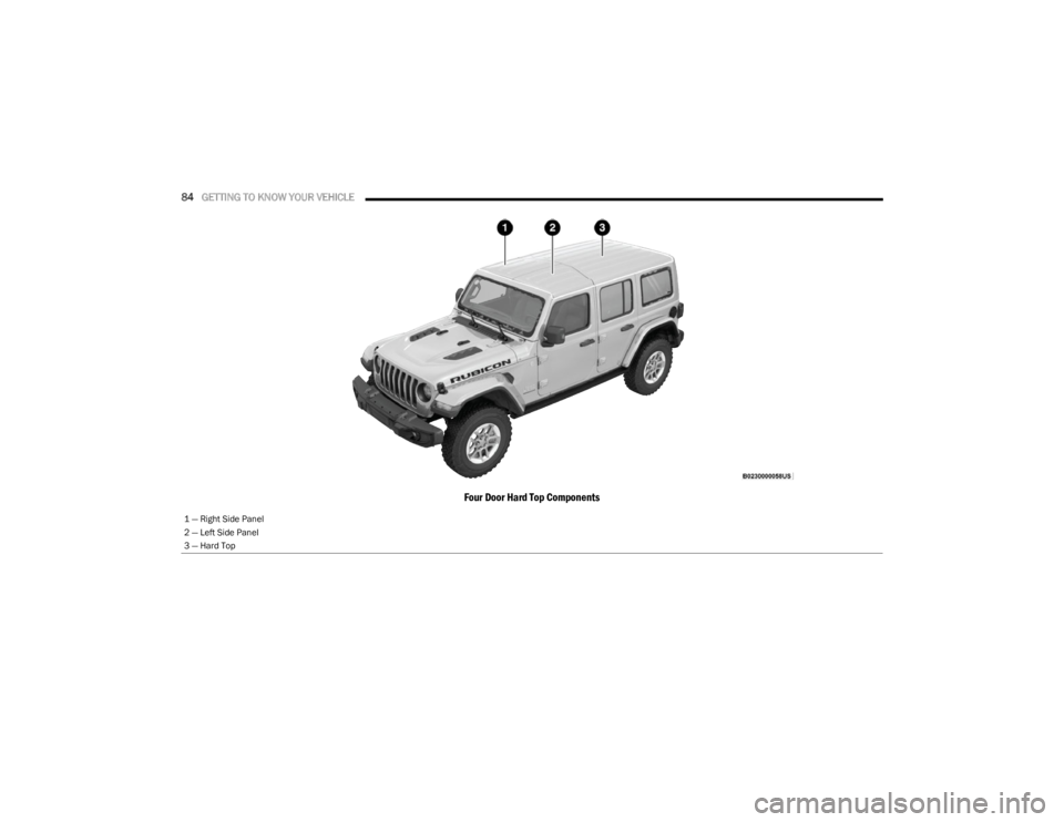 JEEP WRANGLER 2023 Manual Online
84GETTING TO KNOW YOUR VEHICLE
Four Door Hard Top Components
1 — Right Side Panel
2 — Left Side Panel
3 — Hard Top
23_JL_OM_EN_USC_t.book Page 84 JEEP WRANGLER 2023 Manual Online
84GETTING TO KNOW YOUR VEHICLE
Four Door Hard Top Components
1 — Right Side Panel
2 — Left Side Panel
3 — Hard Top
23_JL_OM_EN_USC_t.book Page 84