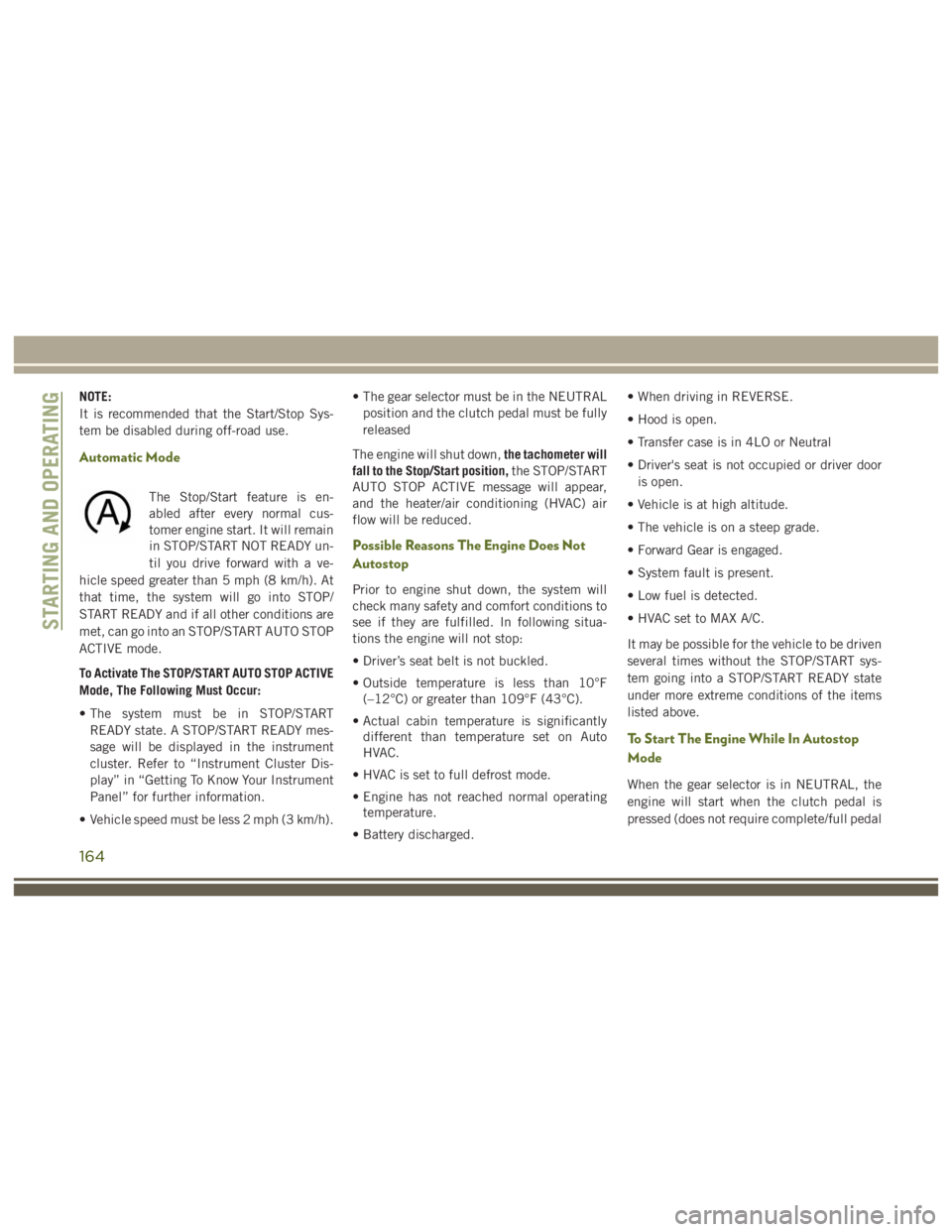JEEP WRANGLER RUBICON 2017  Owners Manual STARTING AND OPERATING
164 
