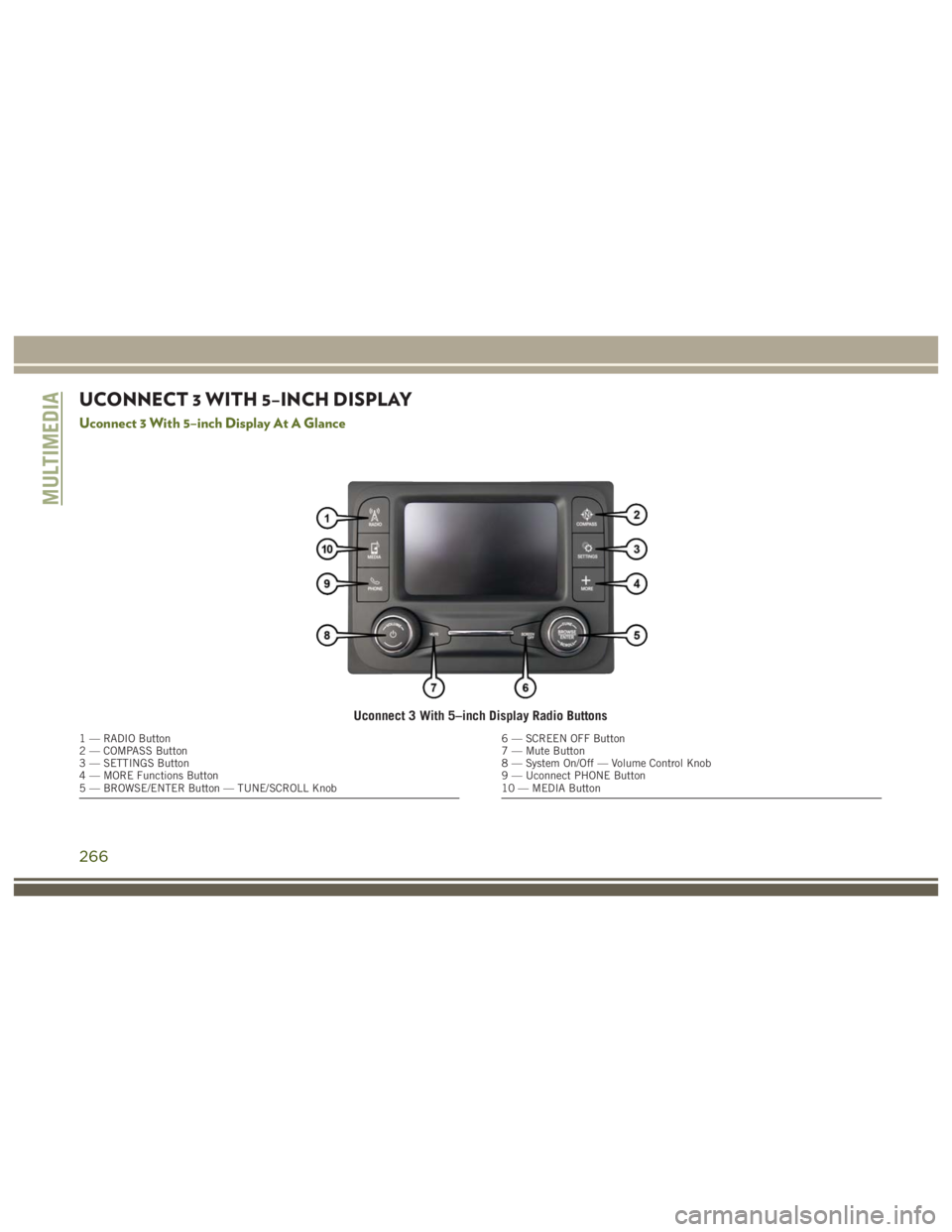 JEEP WRANGLER RUBICON 2018  Owners Manual Uconnect 3 With 5–inch Display Radio Buttons
266 