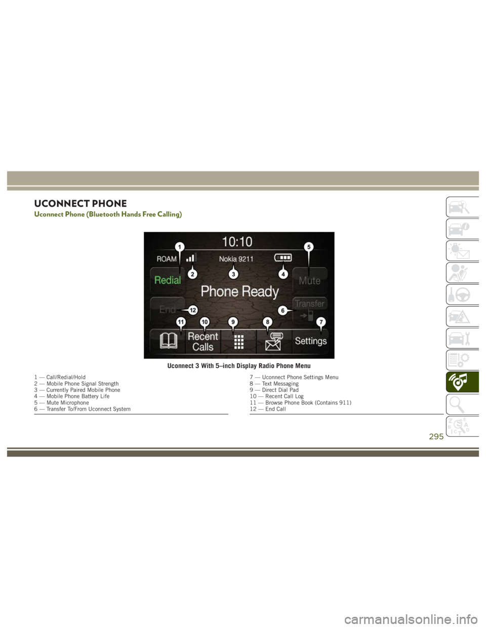 JEEP WRANGLER RUBICON 2019  Owners Manual Uconnect 3 With 5–inch Display Radio Phone Menu 