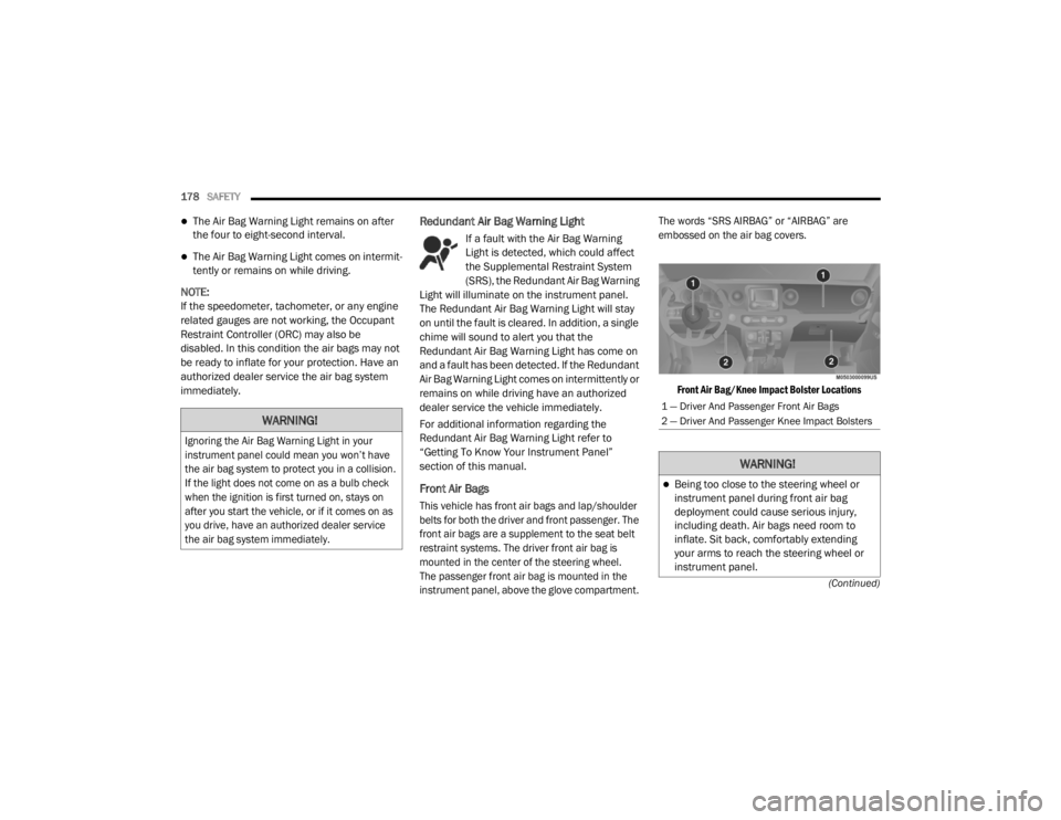 JEEP WRANGLER RUBICON 2020  Owners Manual 
WARNING!

Ignoring the Air Bag Warning Light in your 
instrument panel could mean you won’t have 
the air bag system to protect you in a collision. 
If the light does not come on as a bulb check 
w