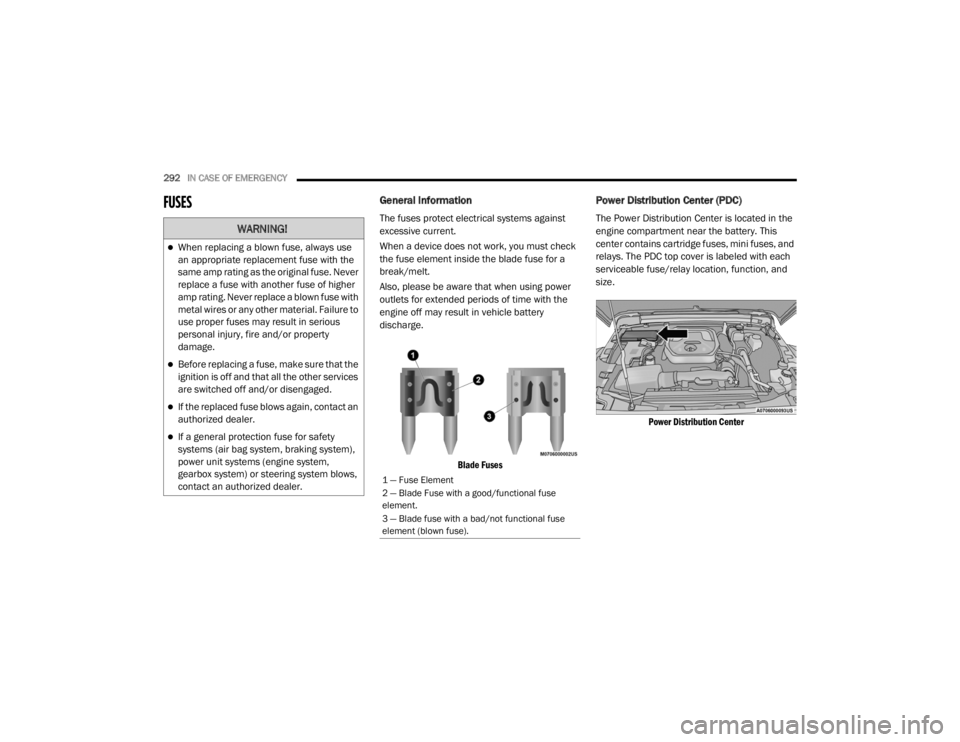 JEEP WRANGLER RUBICON 2020 Owners Manual
WARNING!
When replacing a blown fuse, always use
an appropriate replacement fuse with the
same amp rating as the original fuse. Never
replace a fuse with another fuse of higher
amp rating. Nev JEEP WRANGLER RUBICON 2020 Owners Manual
WARNING!
When replacing a blown fuse, always use
an appropriate replacement fuse with the
same amp rating as the original fuse. Never
replace a fuse with another fuse of higher
amp rating. Nev