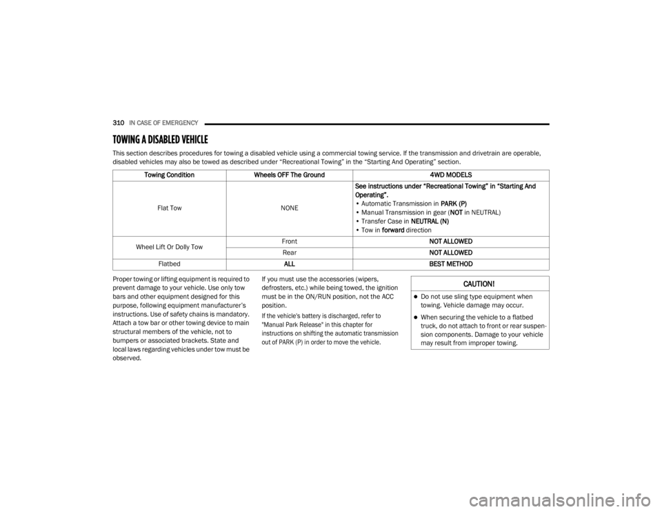 JEEP WRANGLER RUBICON 2020  Owners Manual �&�$�8�7�,�2�1�
Do not use sling type equipment when 
towing. Vehicle damage may occur.
When securing the vehicle to a flatbed 
truck, do not attach to front or rear suspen-
sion components. Da