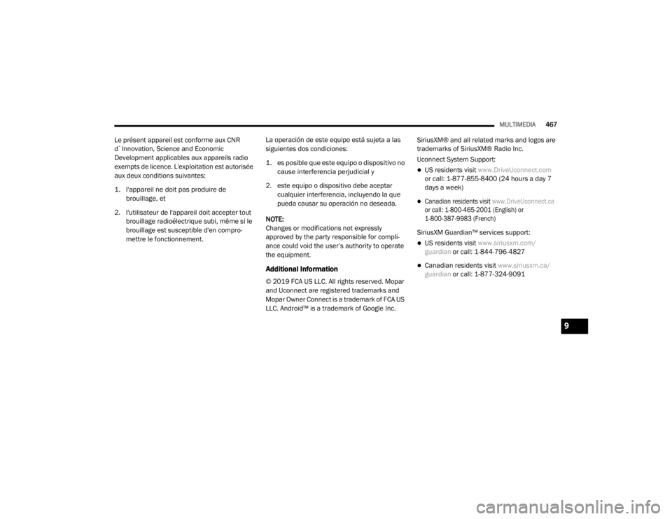 JEEP WRANGLER RUBICON 2020  Owners Manual 9

20_JL_OM_EN_USC_t.book  Page 467   