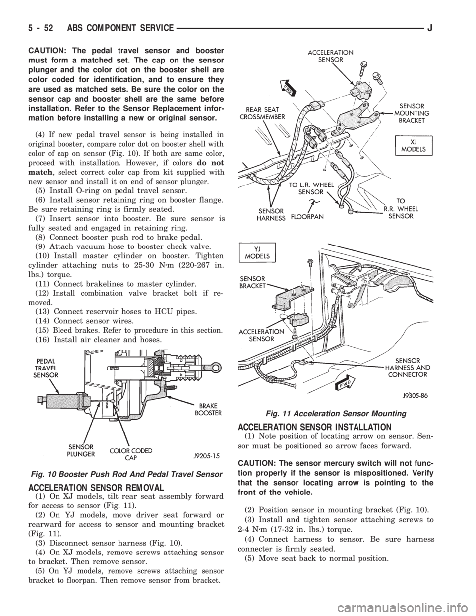 JEEP WRANGLER 1994 Owners Manual Fig. 11 Acceleration Sensor Mounting
5 - 52 ABS COMPONENT SERVICEJ JEEP WRANGLER 1994 Owners Manual Fig. 11 Acceleration Sensor Mounting
5 - 52 ABS COMPONENT SERVICEJ