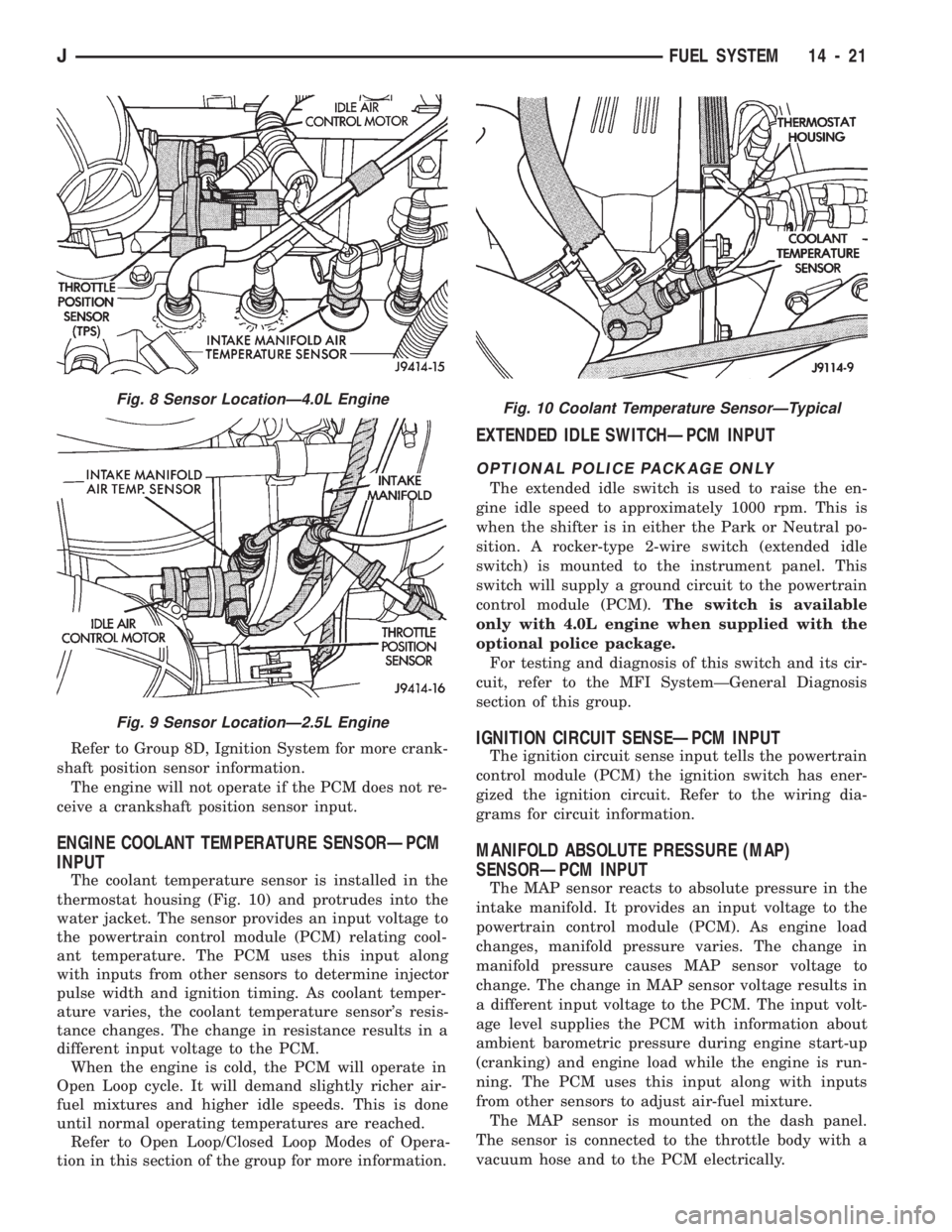 JEEP WRANGLER 1994 Owners Manual Refer to Group 8D, Ignition System for more crank-
shaft position sensor information.
The engine will not operate if the PCM does not re-
ceive a crankshaft position sensor input.
ENGINE COOLANT TEMPE JEEP WRANGLER 1994 Owners Manual Refer to Group 8D, Ignition System for more crank-
shaft position sensor information.
The engine will not operate if the PCM does not re-
ceive a crankshaft position sensor input.
ENGINE COOLANT TEMPE