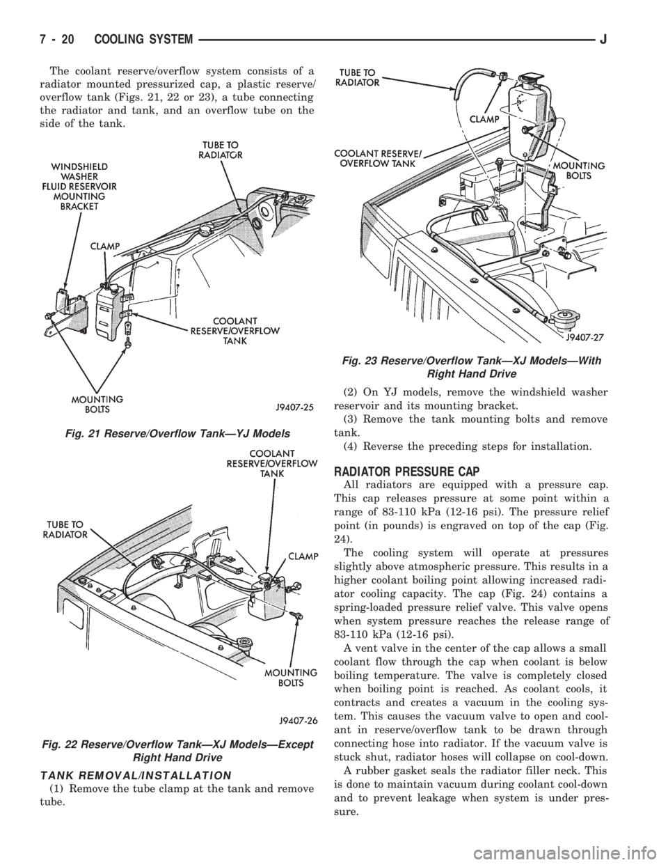 JEEP WRANGLER 1994 Owners Manual Fig. 22 Reserve/Overflow TankÐXJ ModelsÐExcept
Right Hand Drive
Fig. 23 Reserve/Overflow TankÐXJ ModelsÐWith
Right Hand Drive
7 - 20 COOLING SYSTEMJ JEEP WRANGLER 1994 Owners Manual Fig. 22 Reserve/Overflow TankÐXJ ModelsÐExcept
Right Hand Drive
Fig. 23 Reserve/Overflow TankÐXJ ModelsÐWith
Right Hand Drive
7 - 20 COOLING SYSTEMJ