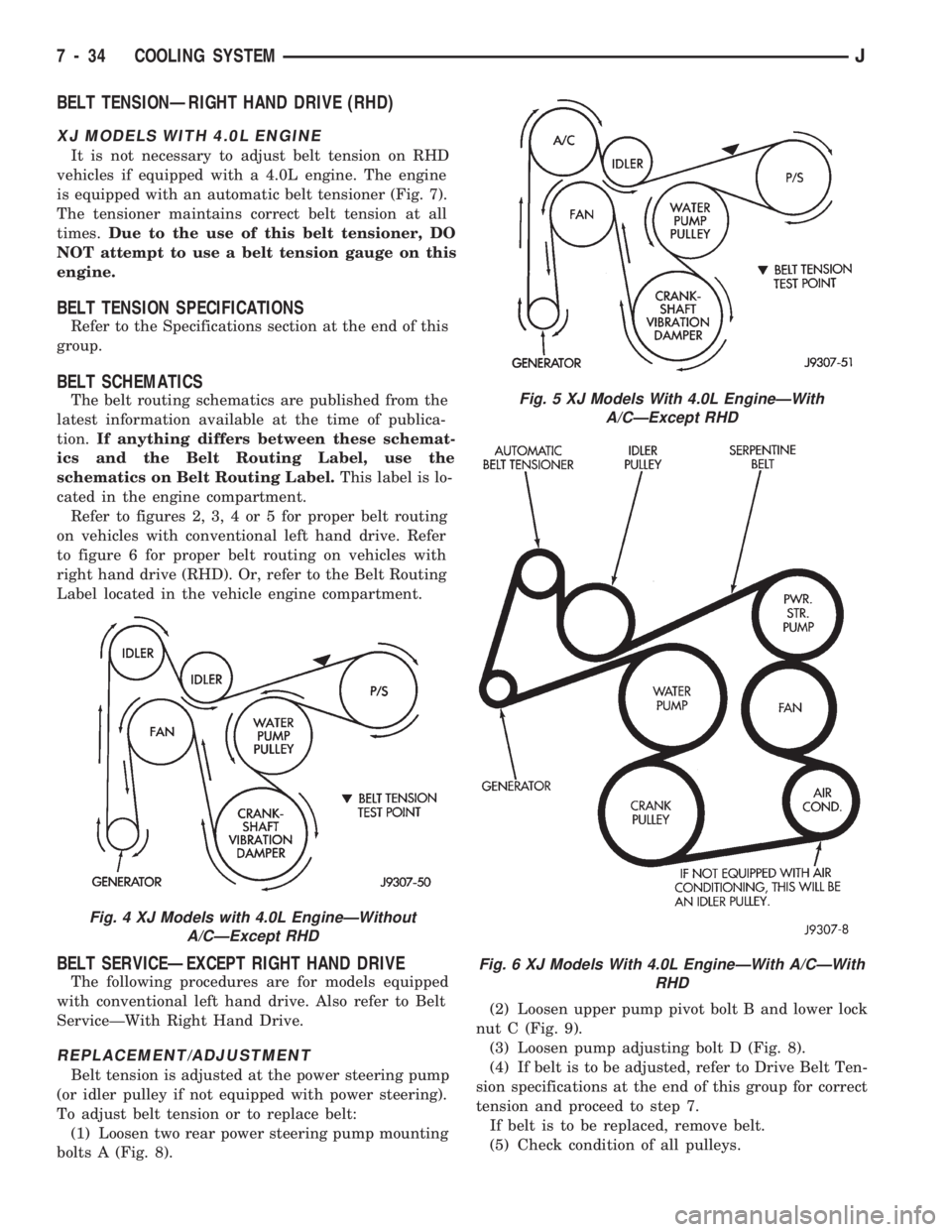 JEEP WRANGLER 1994 Owners Manual Fig. 5 XJ Models With 4.0L EngineÐWith
A/CÐExcept RHD
Fig. 6 XJ Models With 4.0L EngineÐWith A/CÐWith
RHD
7 - 34 COOLING SYSTEMJ JEEP WRANGLER 1994 Owners Manual Fig. 5 XJ Models With 4.0L EngineÐWith
A/CÐExcept RHD
Fig. 6 XJ Models With 4.0L EngineÐWith A/CÐWith
RHD
7 - 34 COOLING SYSTEMJ