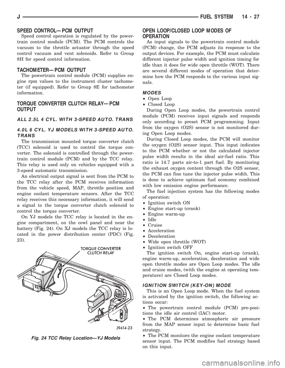 JEEP WRANGLER 1994  Owners Manual SPEED CONTROLÐPCM OUTPUT
Speed control operation is regulated by the power-
train control module (PCM). The PCM controls the
vacuum to the throttle actuator through the speed
control vacuum and vent 