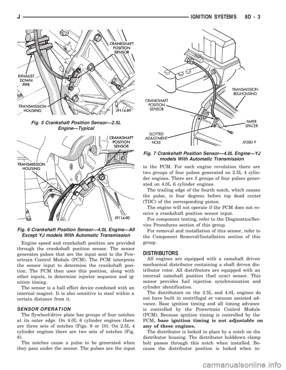 JEEP WRANGLER 1994 Owners Manual Fig. 6 Crankshaft Position SensorÐ4.0L EngineÐAll
Except YJ models With Automatic Transmission
Fig. 7 Crankshaft Position SensorÐ4.0L EngineÐYJ
models With Automatic Transmission
JIGNITION SYSTEMS JEEP WRANGLER 1994 Owners Manual Fig. 6 Crankshaft Position SensorÐ4.0L EngineÐAll
Except YJ models With Automatic Transmission
Fig. 7 Crankshaft Position SensorÐ4.0L EngineÐYJ
models With Automatic Transmission
JIGNITION SYSTEMS