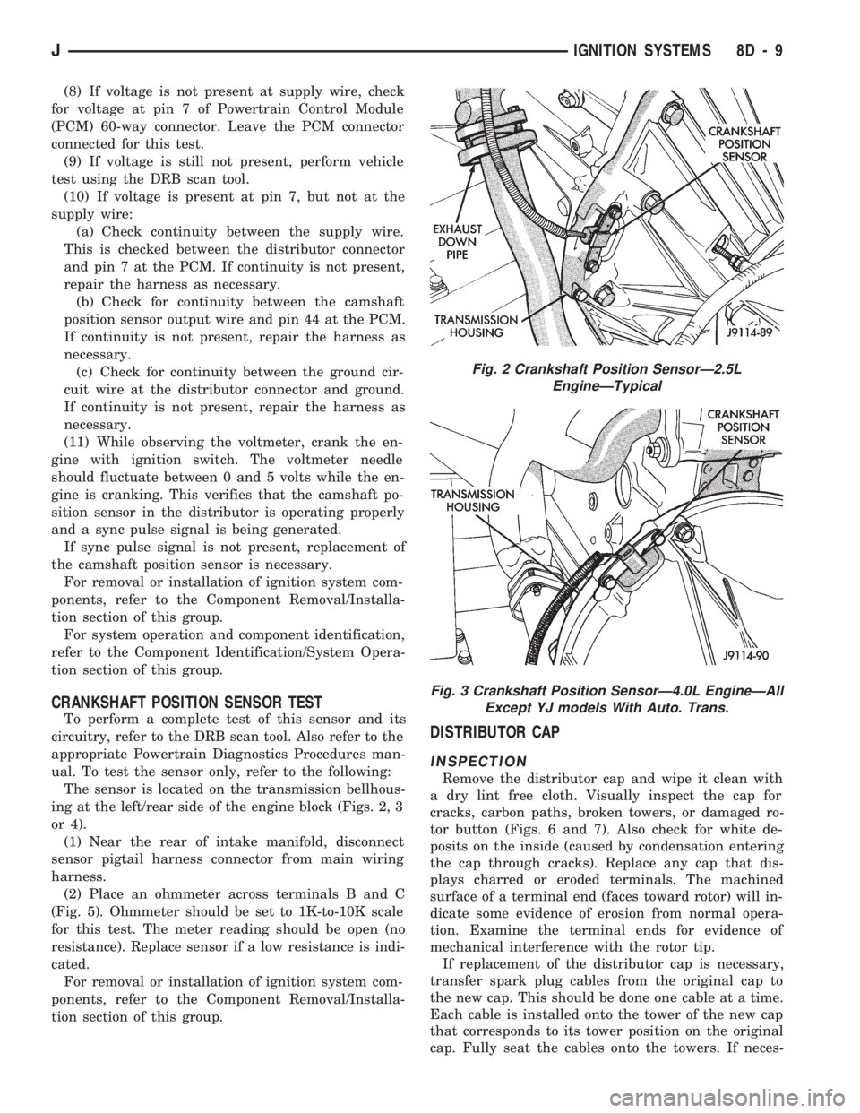 JEEP WRANGLER 1994 Owners Manual Fig. 3 Crankshaft Position SensorÐ4.0L EngineÐAll
Except YJ models With Auto. Trans.
JIGNITION SYSTEMS 8D - 9 JEEP WRANGLER 1994 Owners Manual Fig. 3 Crankshaft Position SensorÐ4.0L EngineÐAll
Except YJ models With Auto. Trans.
JIGNITION SYSTEMS 8D - 9