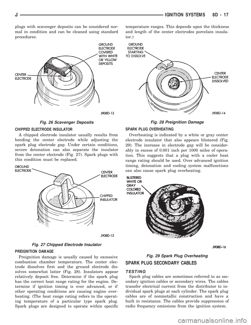 JEEP WRANGLER 1994  Owners Manual Fig. 27 Chipped Electrode Insulator
Fig. 28 Preignition Damage
Fig. 29 Spark Plug Overheating
JIGNITION SYSTEMS 8D - 17 