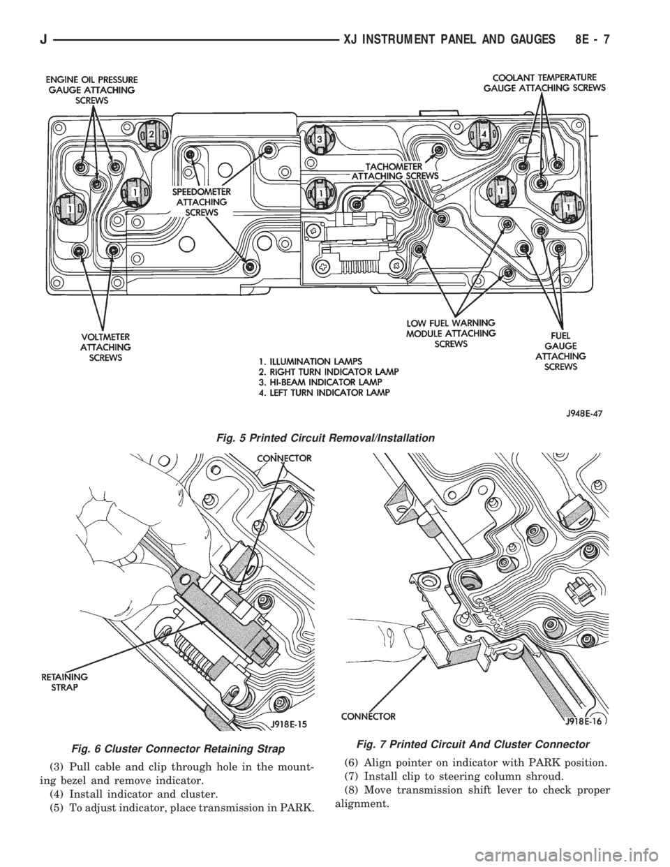 JEEP WRANGLER 1994 Owners Manual Fig. 6 Cluster Connector Retaining StrapFig. 7 Printed Circuit And Cluster Connector
JXJ INSTRUMENT PANEL AND GAUGES 8E - 7 JEEP WRANGLER 1994 Owners Manual Fig. 6 Cluster Connector Retaining StrapFig. 7 Printed Circuit And Cluster Connector
JXJ INSTRUMENT PANEL AND GAUGES 8E - 7