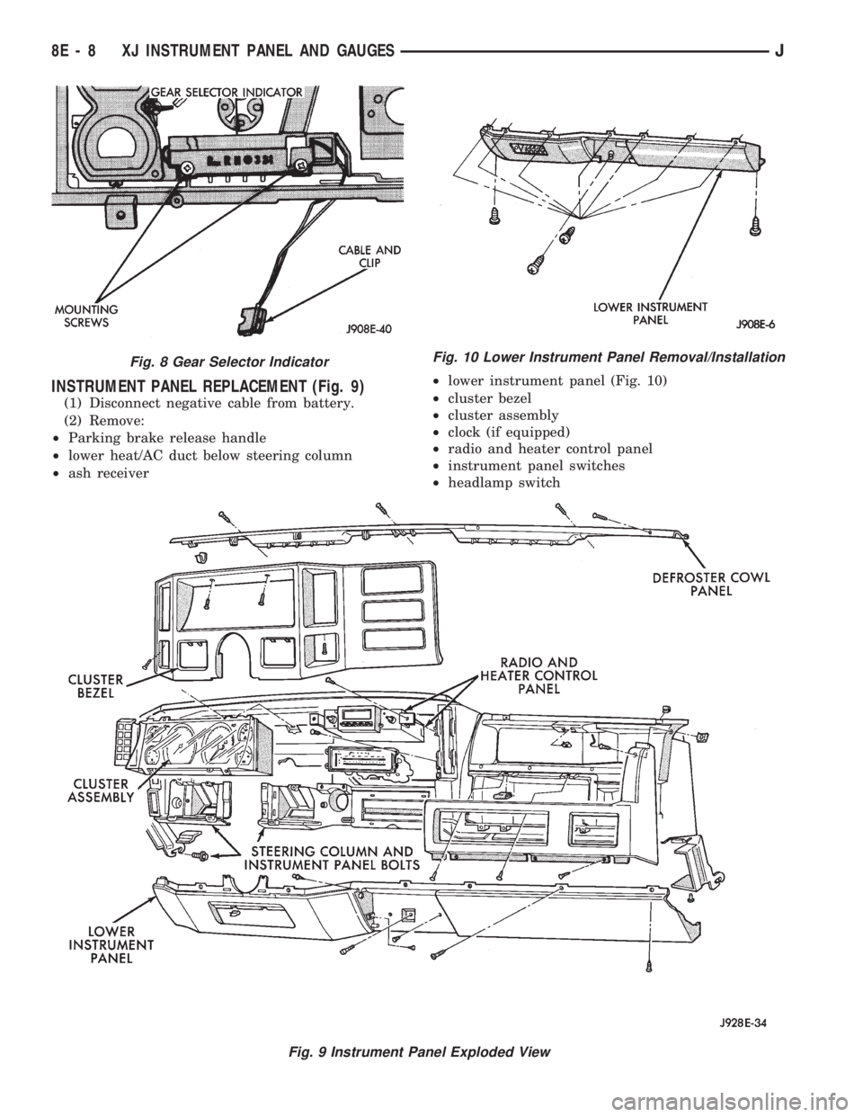 JEEP WRANGLER 1994 Owners Manual Fig. 9 Instrument Panel Exploded View
Fig. 10 Lower Instrument Panel Removal/Installation
8E - 8 XJ INSTRUMENT PANEL AND GAUGESJ JEEP WRANGLER 1994 Owners Manual Fig. 9 Instrument Panel Exploded View
Fig. 10 Lower Instrument Panel Removal/Installation
8E - 8 XJ INSTRUMENT PANEL AND GAUGESJ