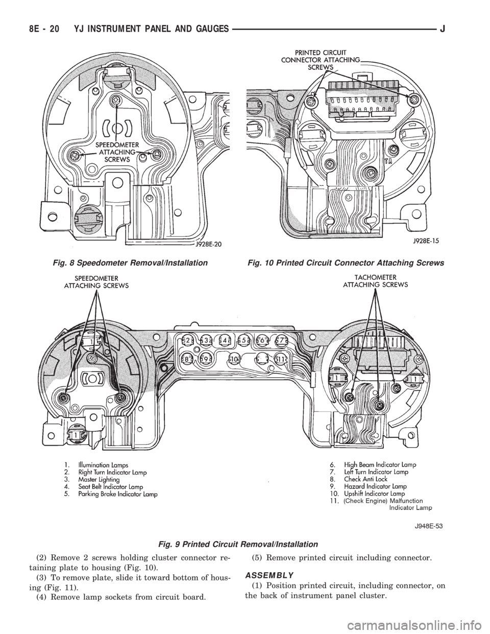 JEEP WRANGLER 1994 Owners Manual Fig. 9 Printed Circuit Removal/Installation
Fig. 10 Printed Circuit Connector Attaching Screws
8E - 20 YJ INSTRUMENT PANEL AND GAUGESJ JEEP WRANGLER 1994 Owners Manual Fig. 9 Printed Circuit Removal/Installation
Fig. 10 Printed Circuit Connector Attaching Screws
8E - 20 YJ INSTRUMENT PANEL AND GAUGESJ