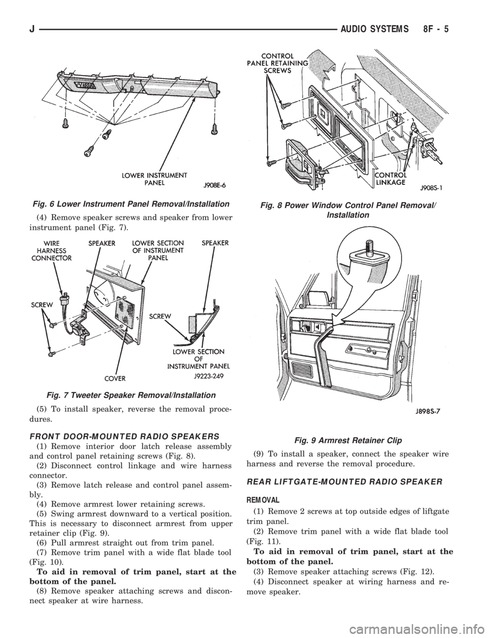 JEEP WRANGLER 1994  Owners Manual Fig. 7 Tweeter Speaker Removal/Installation
Fig. 8 Power Window Control Panel Removal/
Installation
Fig. 9 Armrest Retainer Clip
JAUDIO SYSTEMS 8F - 5 
